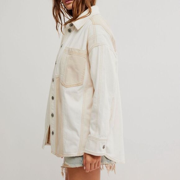 Free People We the Free Ivory Mountain Roads Denim Shirt NWOT - Picture 2 of 12